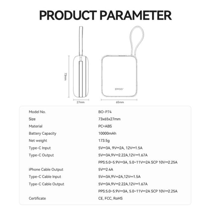 BWOO - BWOO Powerbank 10000mAh 22.5W med Inbyggda Kablar - Svart