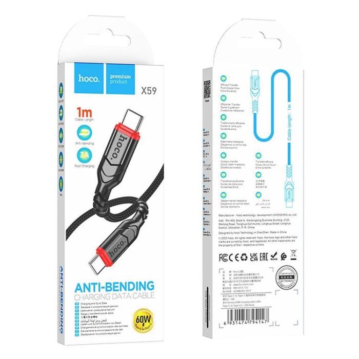 Hoco - HOCO USB-C till USB-C Kabel PD QC 3A 60W X59 1m - Svart