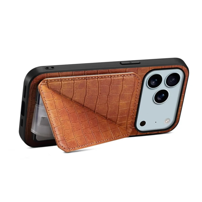 A-One Brand - iPhone 17 Pro Max Mobilskal Korthållare Crocodile Textured - Brun