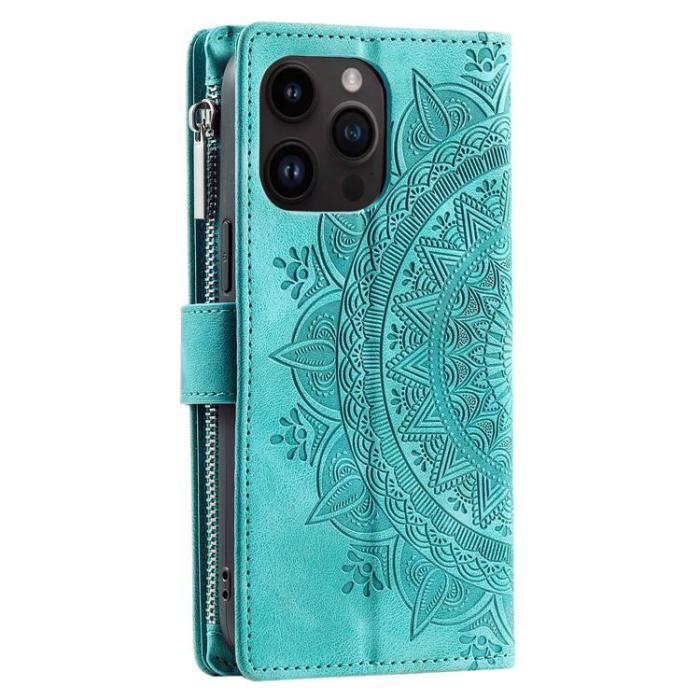 A-One Brand - iPhone 15 Pro Max Plånboksfodral Mandala Flower Imprinted - Turkos