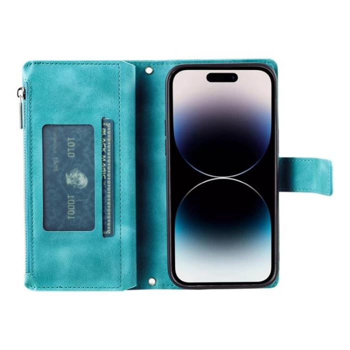 A-One Brand - iPhone 15 Pro Max Plånboksfodral Mandala Flower Imprinted - Turkos