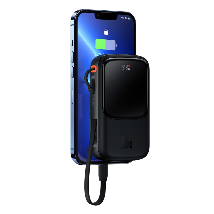 BASEUS - Baseus Powerbank 10000 mAh Inbyggd Lightning Kabel - Svart