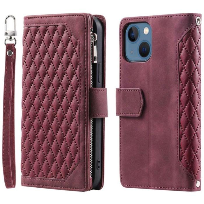 OEM - iPhone 14 Plånboksfodral Rhombus - Vinröd