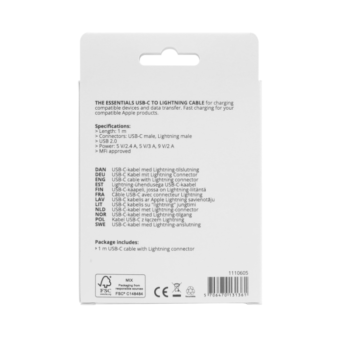 UTGATT1 - Essentials MFi USB-C Lightning Kabel 1m - Vit