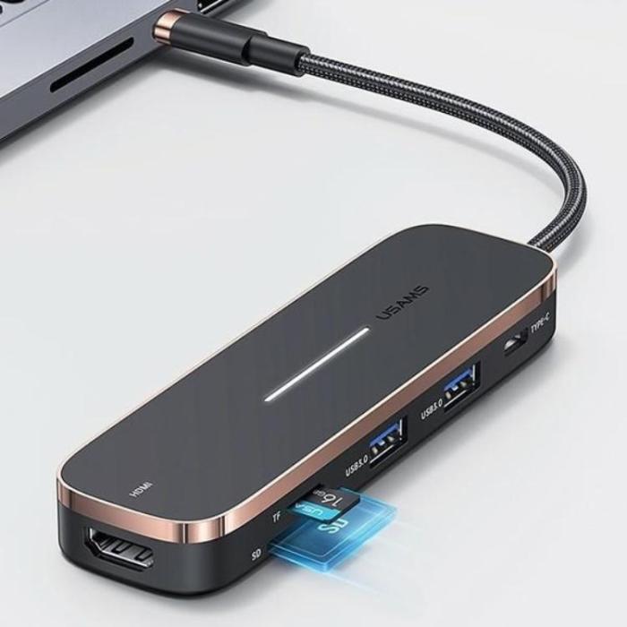 USAMS - USAMS Adapter Hubb 2xUSB-A USB-C, HDMI, MicroSD, SD - Svart