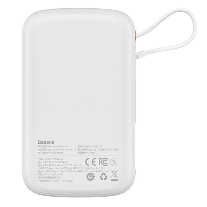 BASEUS - Baseus Powerbank Qpow 10000mAh 22.5W med Inbyggd USB-C Kabel - Vit