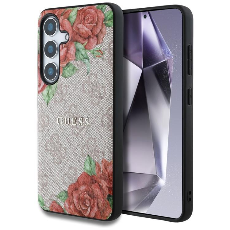 Guess Mobilskal till Galaxy S25 MagSafe Flowers Print Metal Logo - Rosa | 2353 | AlltMobil