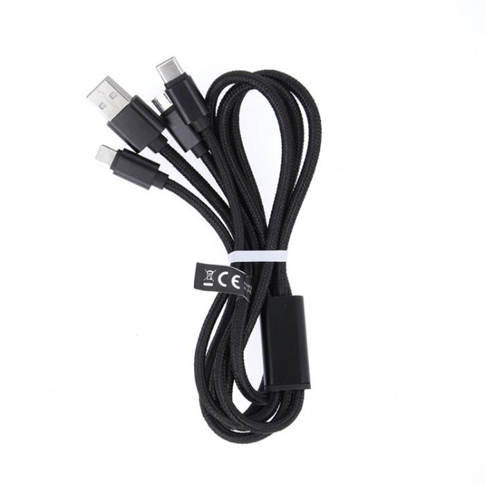 Maxlife - Maxlife 3in1 USB/MicroUSB/Lightning/Typ-C Kabel 1m 2.1A Nylon Svart