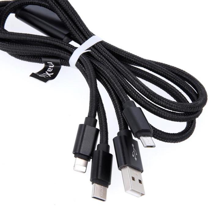 Maxlife - Maxlife 3in1 USB/MicroUSB/Lightning/Typ-C Kabel 1m 2.1A Nylon Svart