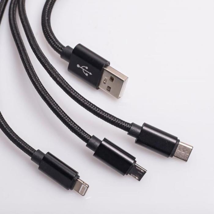 Maxlife - Maxlife 3in1 USB/MicroUSB/Lightning/Typ-C Kabel 1m 2.1A Nylon Svart