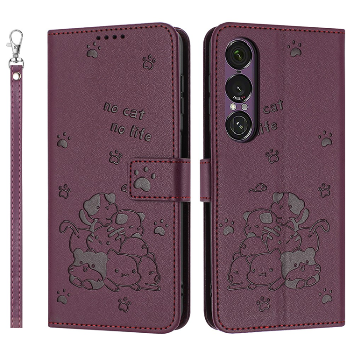 A-One Brand - Sony Xperia 1 VII Plånboksfodral Cats Imprint - Vinröd