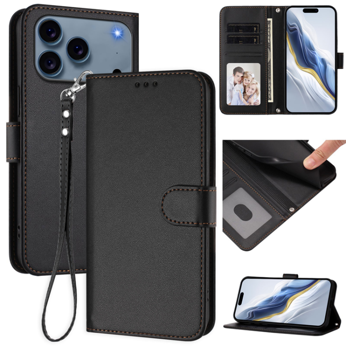 A-One Brand - iPhone 17 Pro Max Plånboksfodral Läder med Handledsrem - Svart