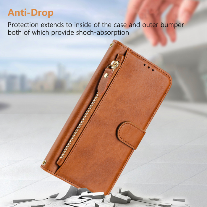 A-One Brand - iPhone 17 Pro Plånboksfodral Zipper Pocket Läder - Brun