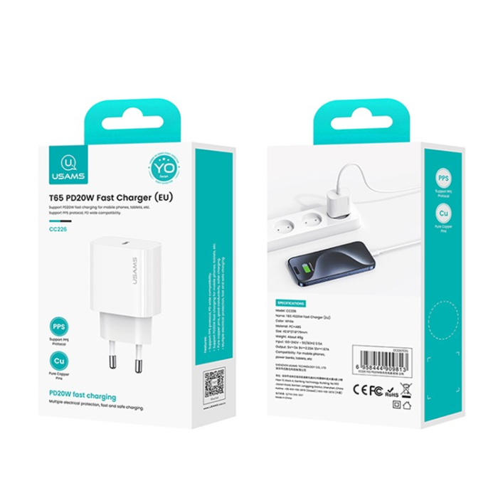 USAMS - USAMS GaN Snabbladdare USB-C 20W CC226 T65 EU PD - Vit
