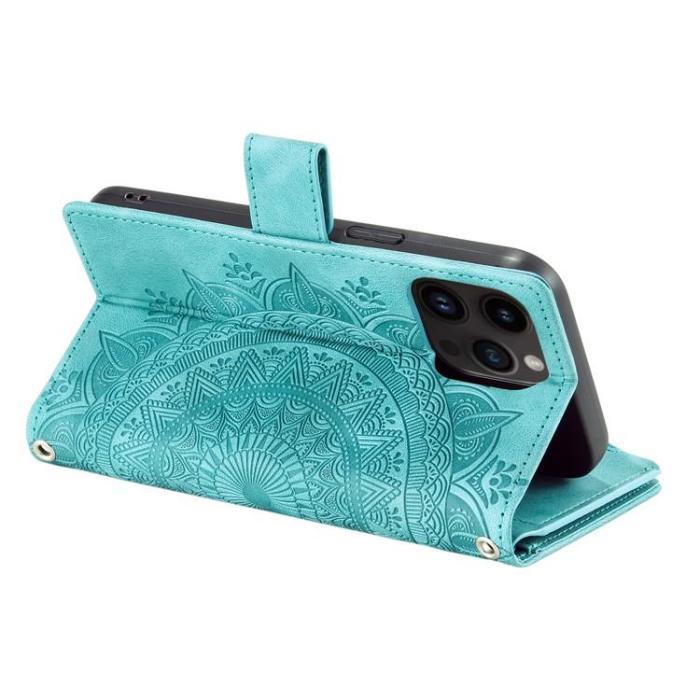 A-One Brand - iPhone 15 Pro Max Plånboksfodral Mandala Flower Imprinted - Turkos