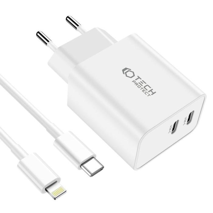 Tech-Protect - Tech-Protect 2-Port Nätverk Laddare Med Lightning Kabel - Vit