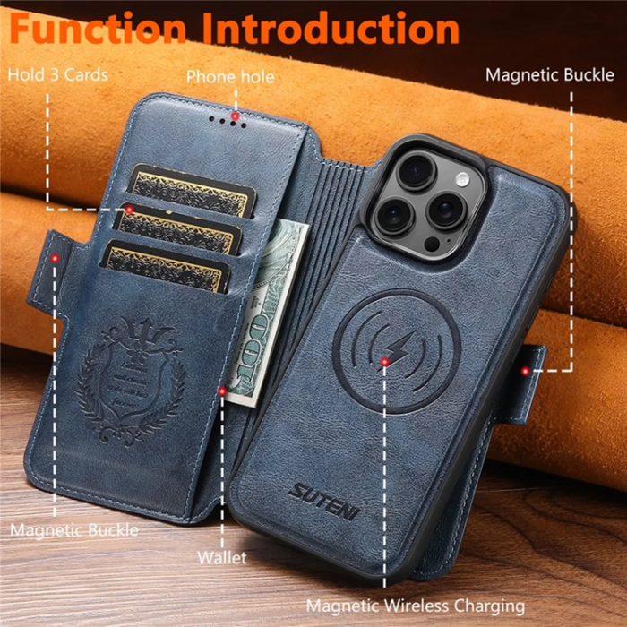 SUTENI - SUTENI iPhone 16 Pro Max Plånboksfodral Magsafe Cowhide - Blå