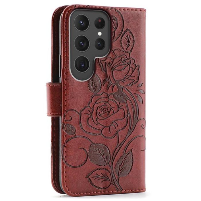 A-One Brand - Galaxy S25 Ultra Konstläder Plånboksfodral Imprinted Rosa Butterfly - Brun