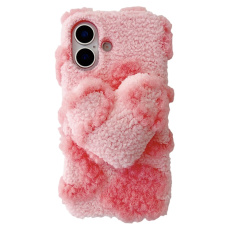 A-One Brand - iPhone 17 Mobilskal 3D Heart Plush TPU Winter Warm Soft - Rosa
