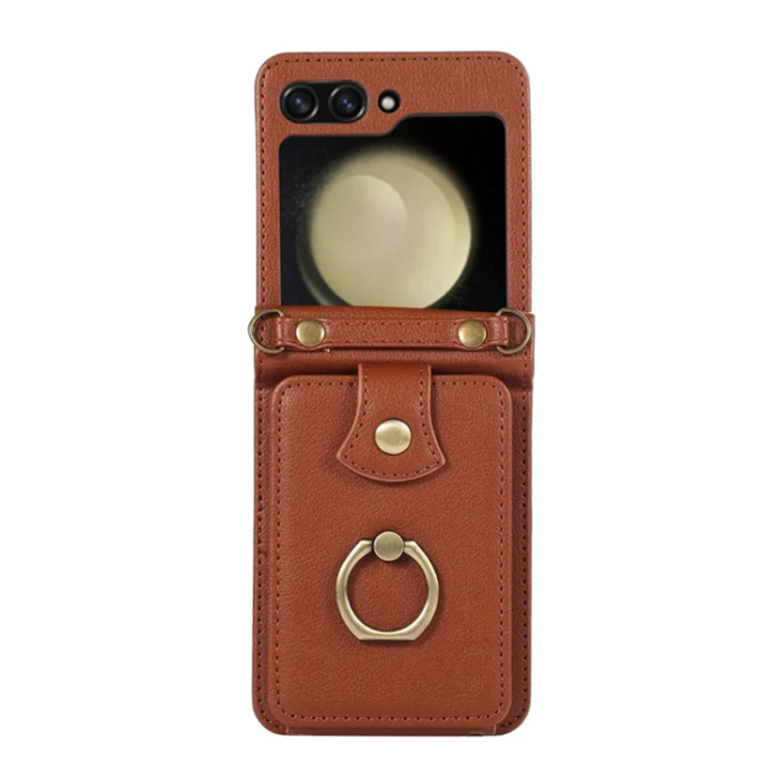 A-One Brand - Galaxy Z Flip7 Plånboksfodral Ring Kickstand med Lång rem - Brun
