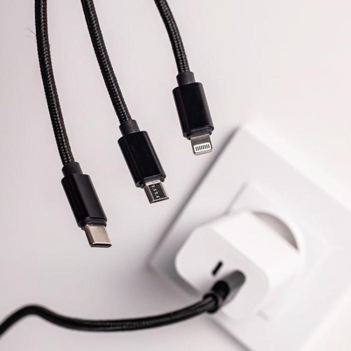Maxlife - Maxlife 3in1 USB/MicroUSB/Lightning/Typ-C Kabel 1m 2.1A Nylon Svart