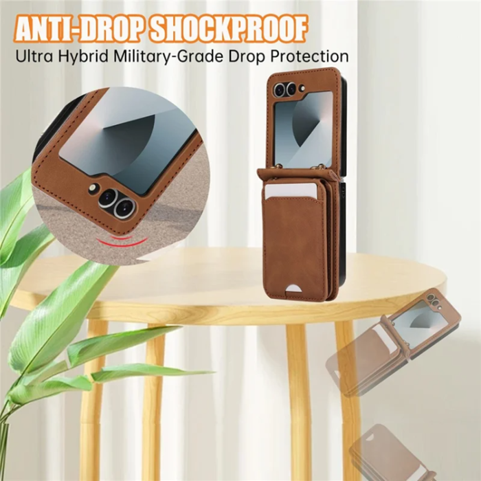 A-One Brand - Galaxy Z Flip7 Plånboksfodral Kickstand med Axelrem - Brun