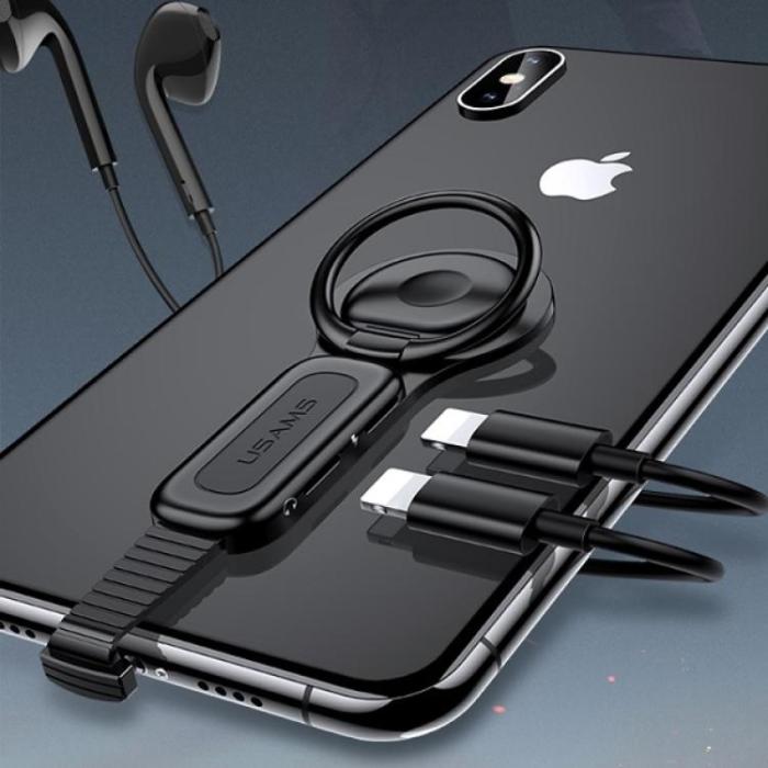 USAMS - USAMS Lightning till 2xLightning Adapter med Ringhållare SJ274LN01 - Svart