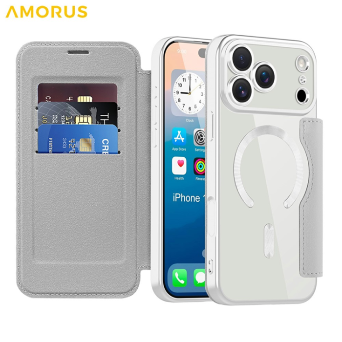 Amorus - AMORUS iPhone 17 Pro Max Plånboksfodral MagSafe RFID - Titangrå