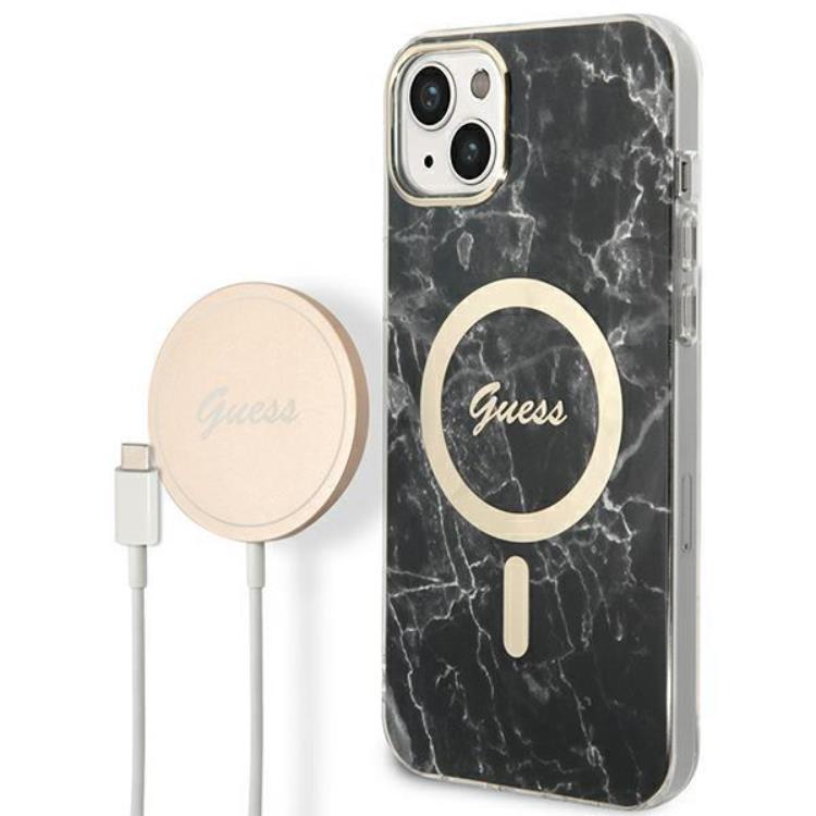 GUESS iPhone 14 Magsafe Skal Marble + Trådlös Laddare - Svart | 2353 | AlltMobil