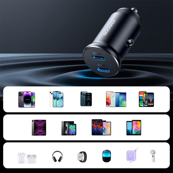 Joyroom - Joyroom Mini Metall Billaddare 30W 2x USB-C - Svart
