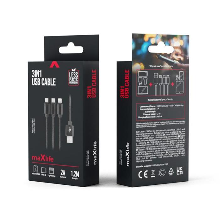 Maxlife - Maxlife 3in1 USB/MicroUSB/Lightning/Typ-C Kabel 1m 2.1A Nylon Svart