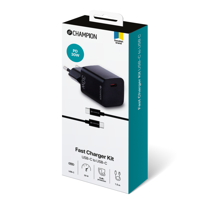 Champion - Champion Snabbladdare Kit USB-C till USB-C 30W PD - Svart