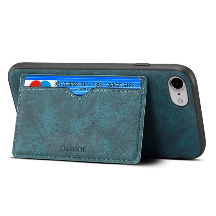 DENIOR - DENIOR iPhone 16e Fodral Kortfack Ställ Retro Konstläder Blå