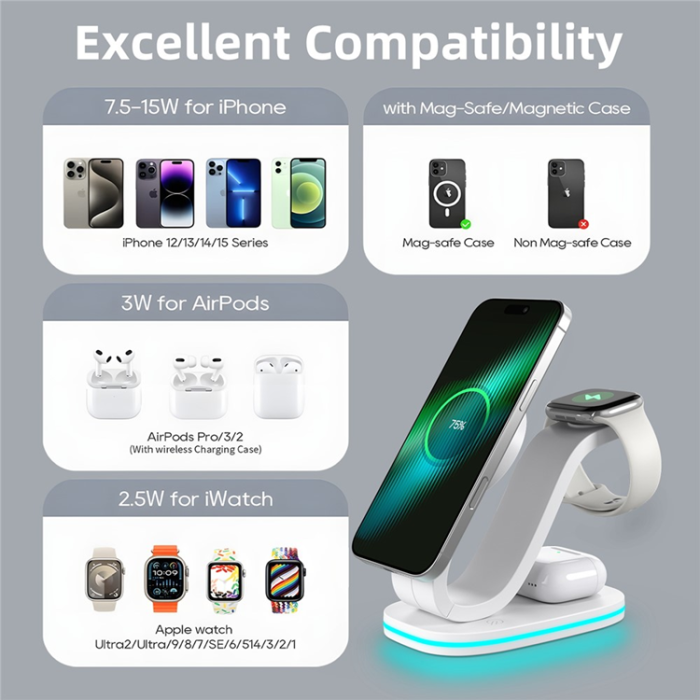 OEM - Qi2 MagSafe Trådlös Laddare iPhone, Apple Watch, Airpods 15W - B-28