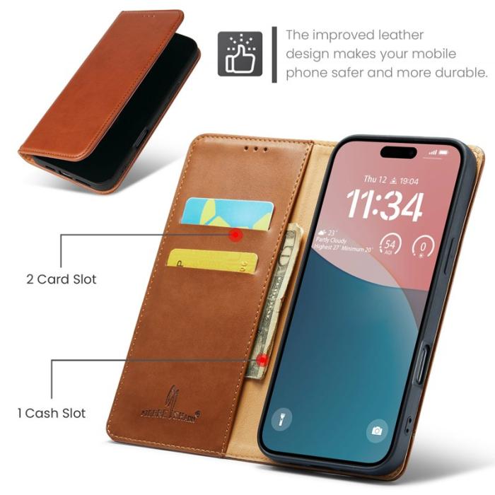 FIERRE SHANN - FIERRE SHANN för iPhone 16 Plus Plånboksfodral Konstläder - Brun