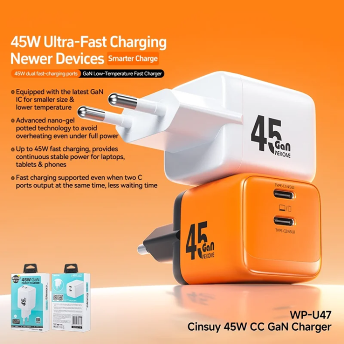 WEKOME - WEKOME Snabbladdare 45W WP-U47 2 USB-C Ports EU Plus - Vit