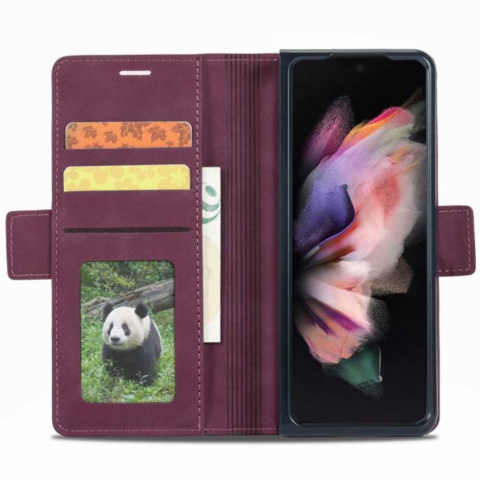 FORWENW - FORWENW F3-Series Samsung Galaxy Z Fold3 5G Konstläder Plånboksfodral - Vinröd