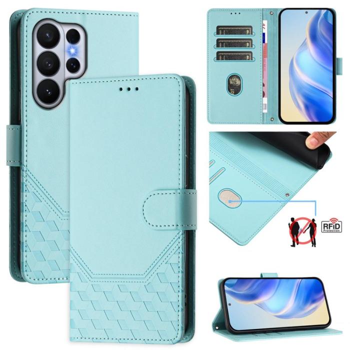 OEM - Samsung Galaxy S26 Ultra Skal Impräntad Honungskaka Äkta Läder - Mintgrön