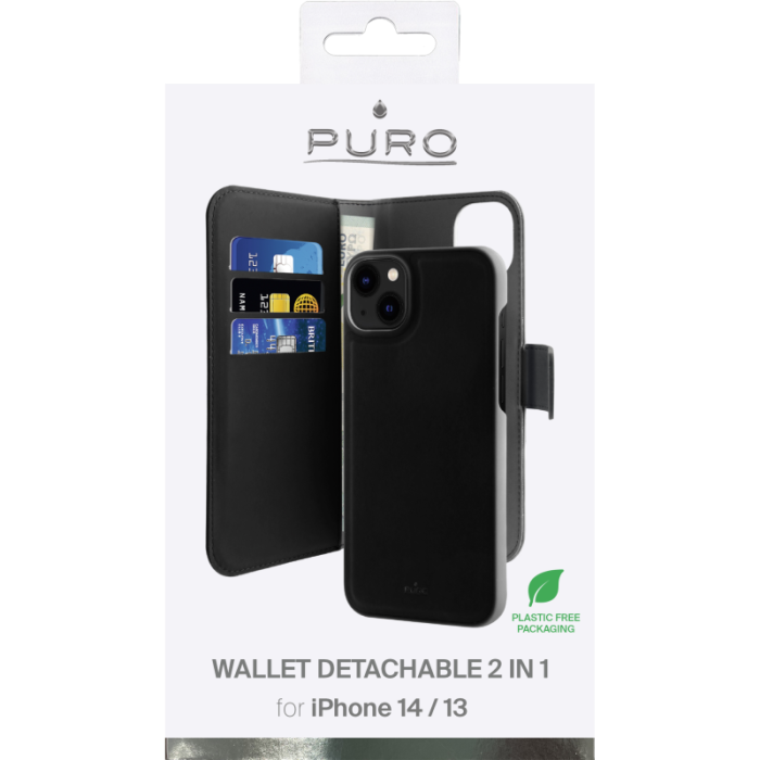 UTGATT1 - Puro iPhone 14 Plånboksfodral Detachable Läder - Svart