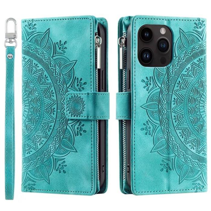 A-One Brand - iPhone 15 Pro Max Plånboksfodral Mandala Flower Imprinted - Turkos