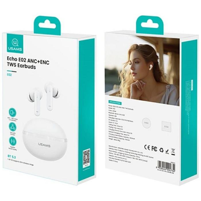 USAMS - USAMS TWS In-Ear Hörlurar Bluetooth ANC ENC Echo E02 - Vit