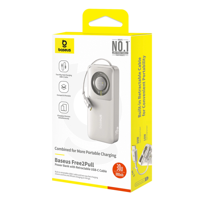 BASEUS - Baseus Powerbank 10000mAh 30W USB-C Kabel Free2Pull - Grå