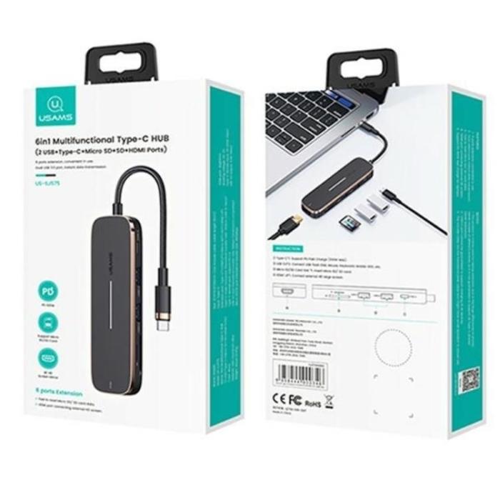 USAMS - USAMS Adapter Hubb 2xUSB-A USB-C, HDMI, MicroSD, SD - Svart
