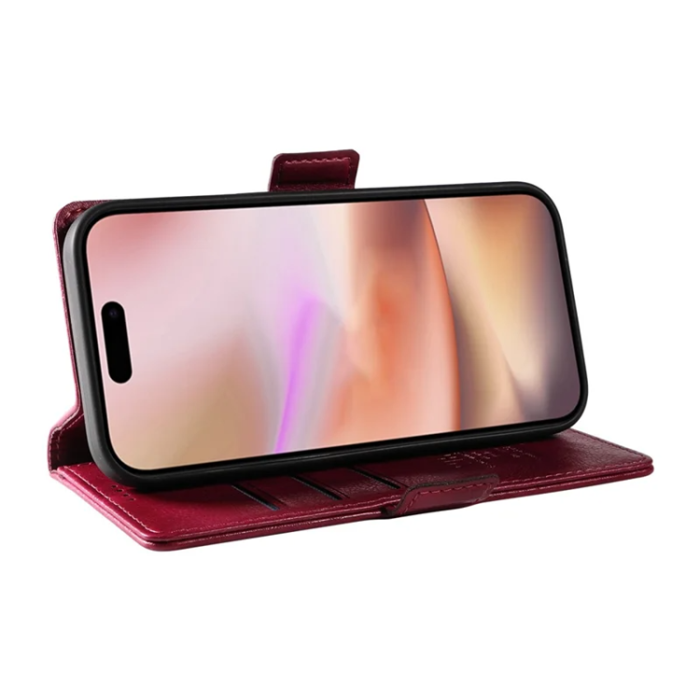 YIKATU - YIKATU iPhone 16 Plus Konstläder Plånboksfodral Litchi Texture - Vinröd