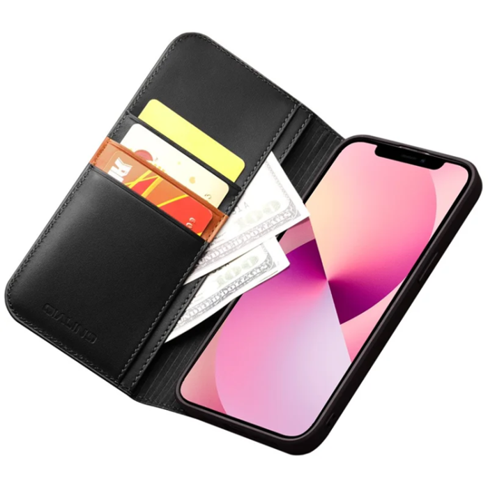 QIALINO - Qialino iPhone 15 Plånboksfodral Äkta läder - Svart