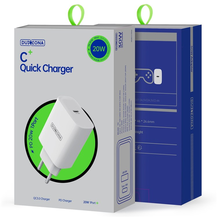 USAMS - DUZZONA Snabbladdare 20W USB-C EU T3 PD - Vit