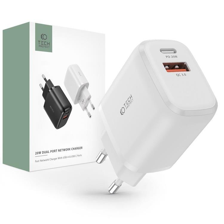 Tech-Protect C20W 2-Port Nätverk Laddare PD20W/QC3.0 - Vit | 505295 | AlltMobil