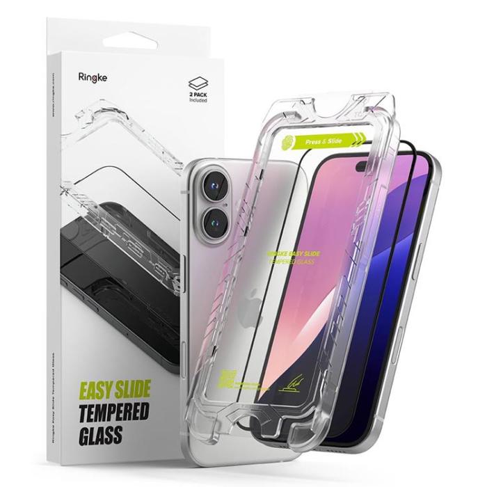 UTGATT - [2-Pack] Ringke iPhone 16/15 Härdat glas Skärmskydd Easy Slide - Svart