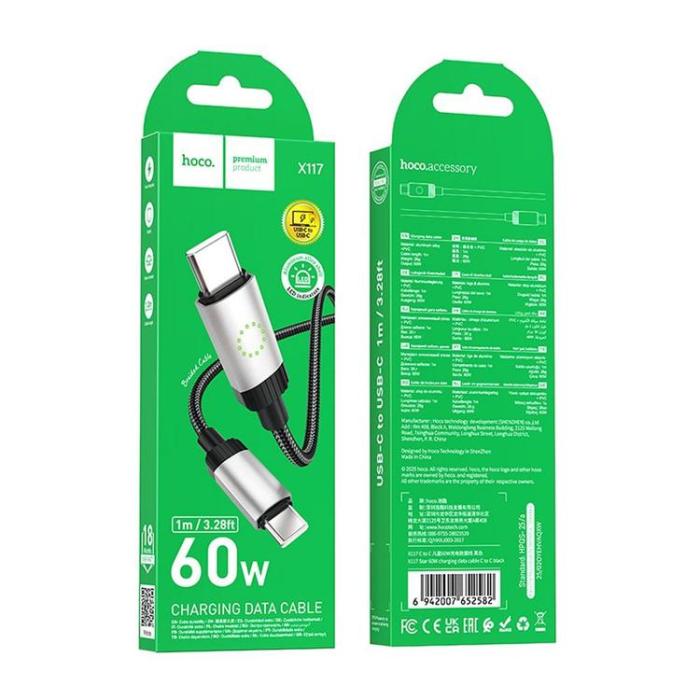 Hoco - HOCO USB-C till USB-C 60W Kabel 3A 1m X117 - Svart
