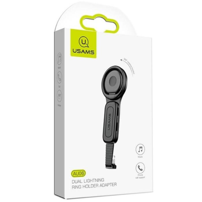 USAMS - USAMS Lightning till 2xLightning Adapter med Ringhållare SJ274LN01 - Svart